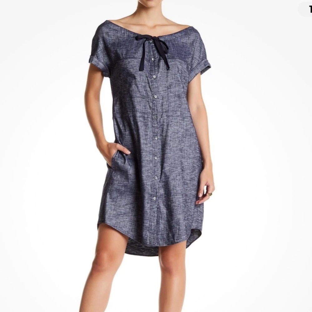 THEORY Laela‎ Tie-Neck Chambray Shirt Dress, Deep Denim Blue Sz 6